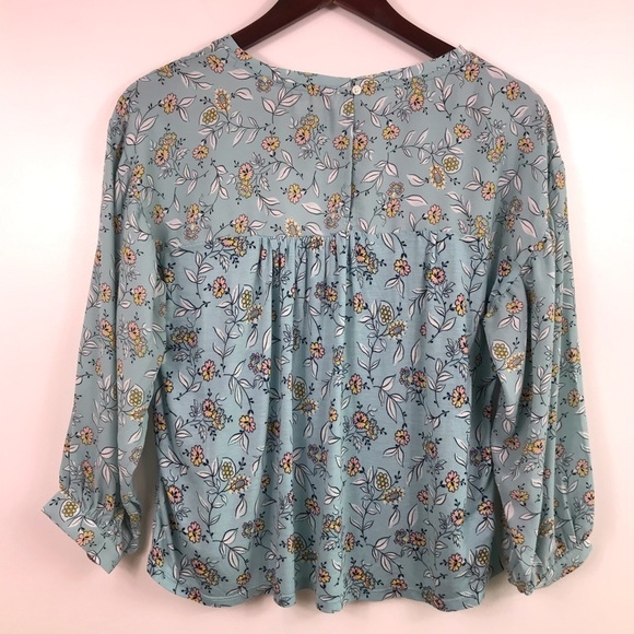 Loft Women’s Aqua Floral Print Mixed Blouse Size XS Blouson Sleeves - Picture 7 of 10